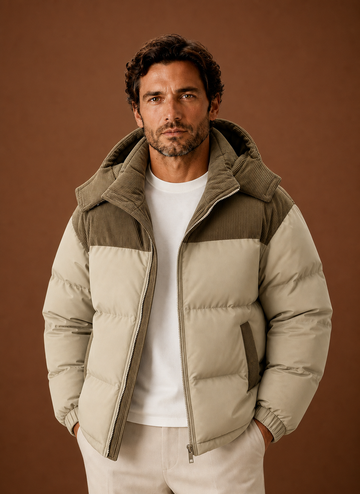Men's Hooded Winter Puffer Jacket with Corduroy Collar | Areleon