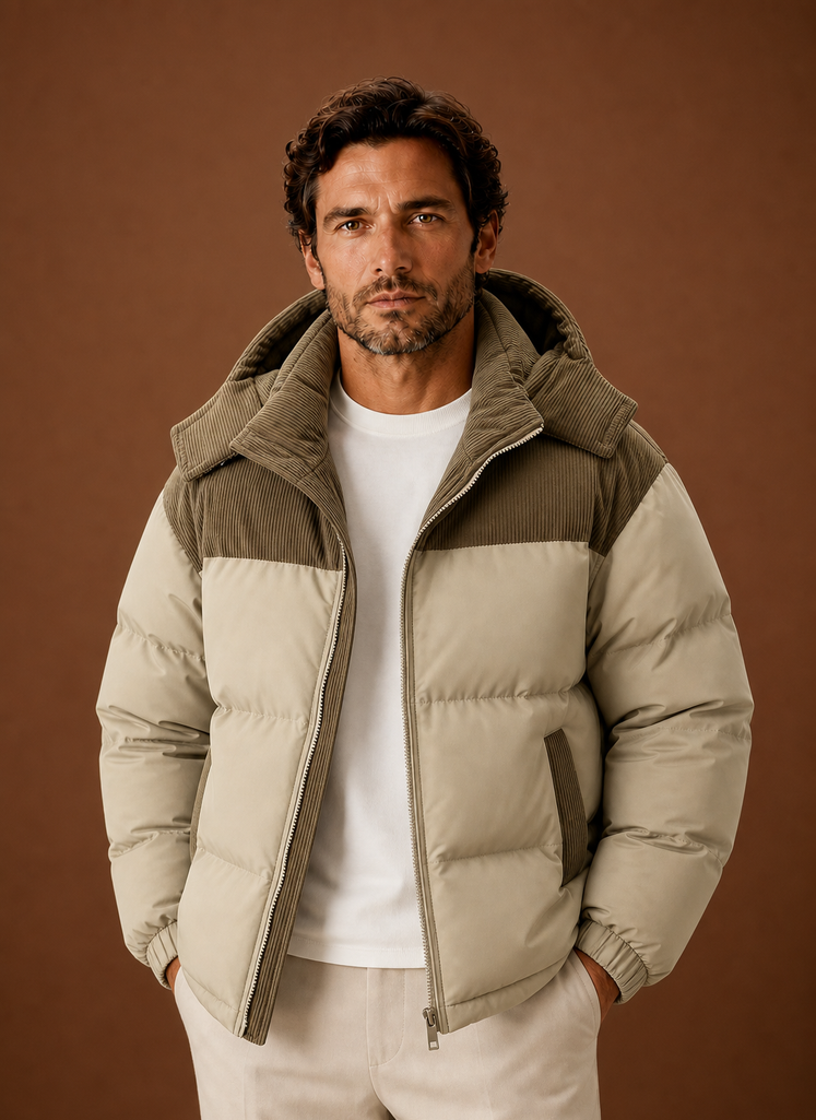 Men's Hooded Winter Puffer Jacket with Corduroy Collar | Areleon