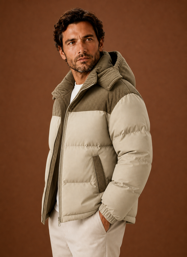Men's Hooded Winter Puffer Jacket with Corduroy Collar | Areleon