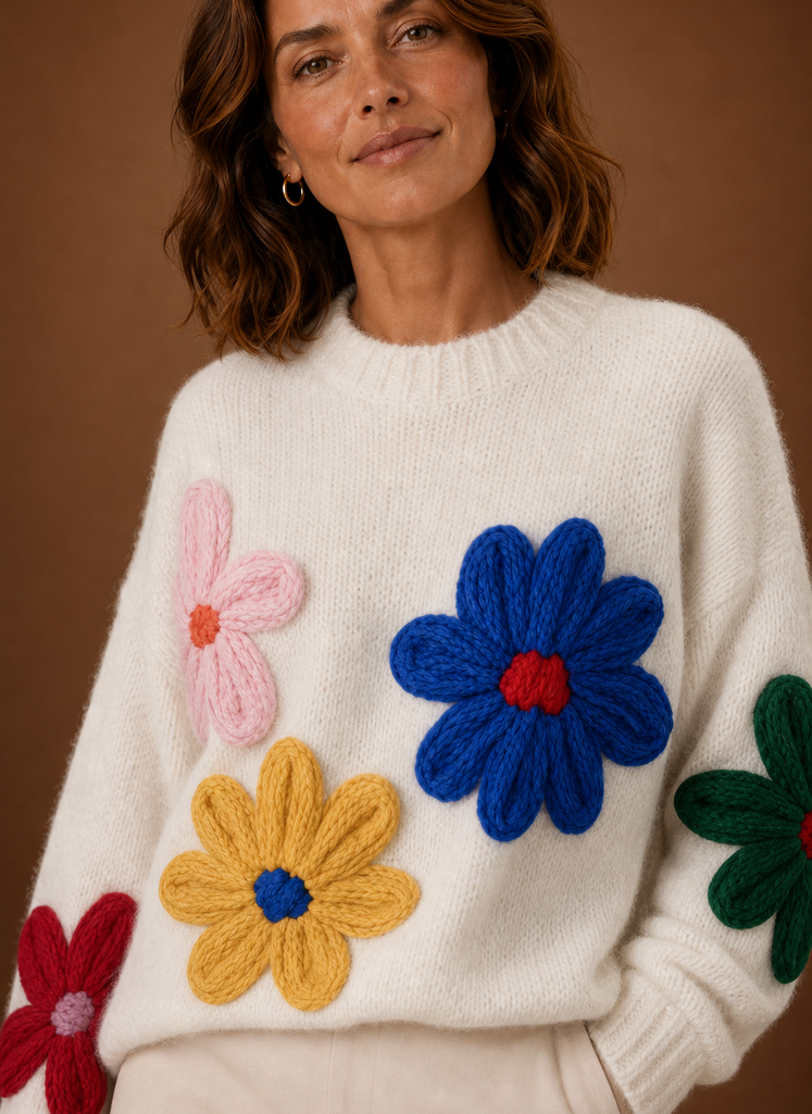 Women's Oversized Knit Sweater - Floral Pullover | Areleon