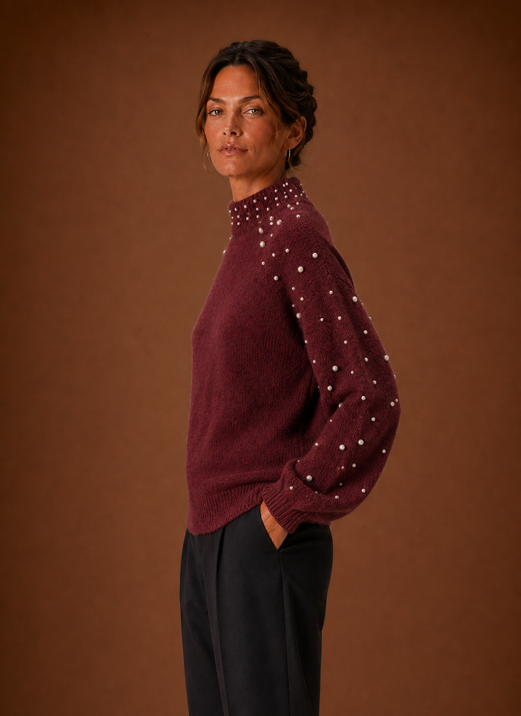 Women's Knit Pullover - Pearl Embellished Sweater | Areleon