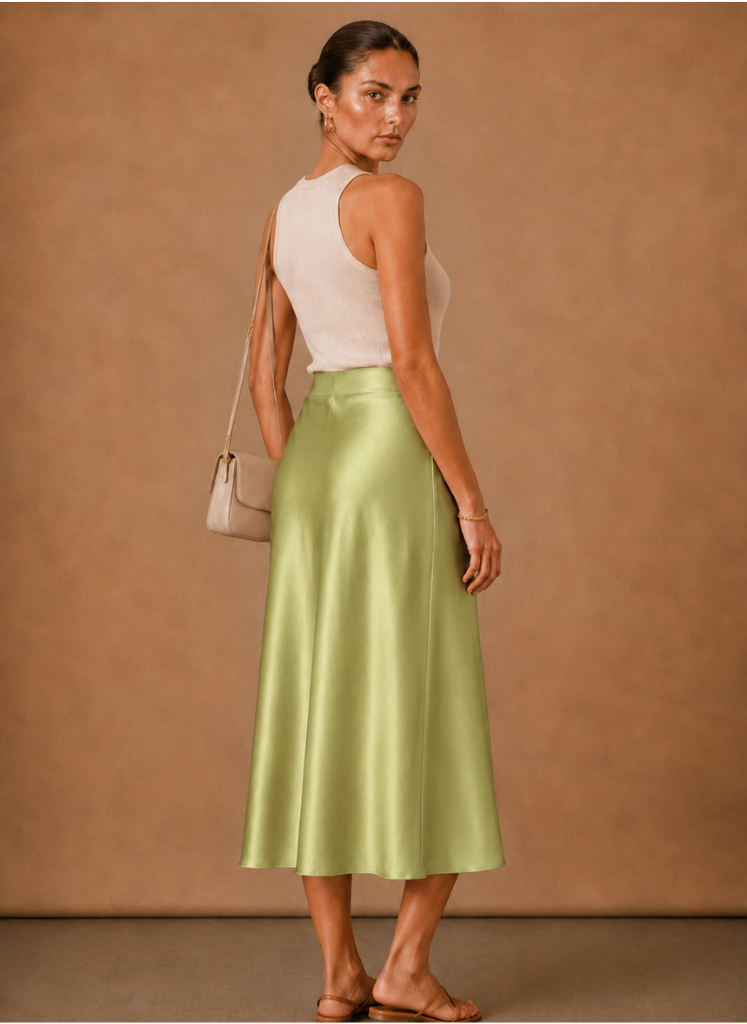 Women's Satin Midi Skirt – Elegant A-Line Flowing | Areleon